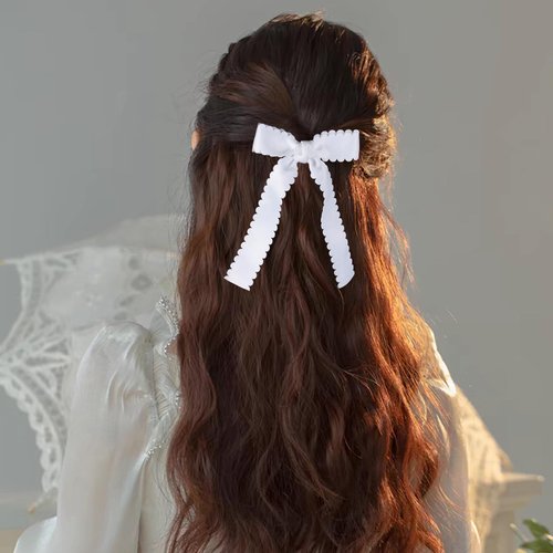 Wave Shaped Hair Bow Clips, Grosgrain hair bows with tails, Ponytail Holder hair Accessories for Kids Girls, White