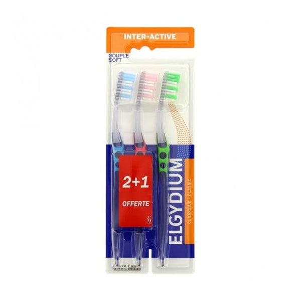 Elgydium Inter-Active Soft Toothbrush Pack of 3 Toothbrushes