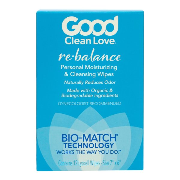 Good Clean Love Rebalance Personal Moisturizing & Cleansing Wipes, Naturally Reduces Odor & Supports Vaginal Health, pH-Balanced Feminine Hygiene Product, 12 Biodegradable Wipes