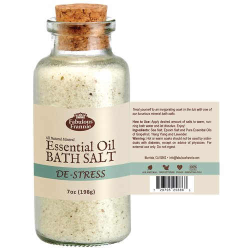 Fabulous Frannie Aromatherapy De-Stress Essential Oil Mineral Bath Salt Grapefruit, Ylang Ylang and Lavender Pure Essential Oils 7oz (Pack of 2)