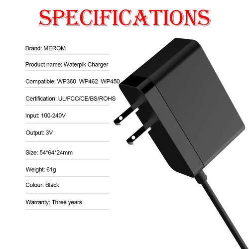 MEROM Charger Adapter YLA-03010 for Waterpik WP360 WP360W WP462 WP462W WP450 WP450W Water Pik Power Cord Supply