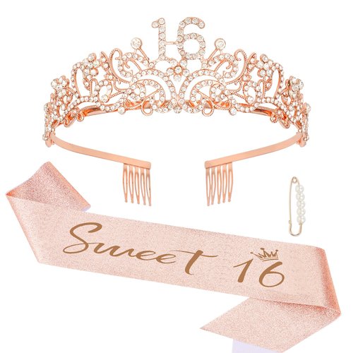 Semato Sweet 16 Party Decorations Set - Rose Gold 16th Birthday Crown and Sweet 16 Sash Glitter Kit for Girls Birthday Happy Birthday Girl Tiara Birthday Party Supplies and Favors