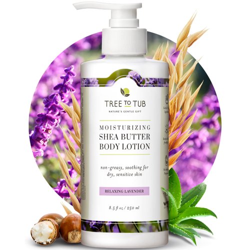 Tree to Tub Lavender Shea Butter Body Lotion for Dry Skin - Moisturizing Sensitive Skin Lotion for Women & Men, Vegan Body Moisturizer w/Organic Aloe Vera, Cocoa Butter, All Natural Colloidal Oatmeal