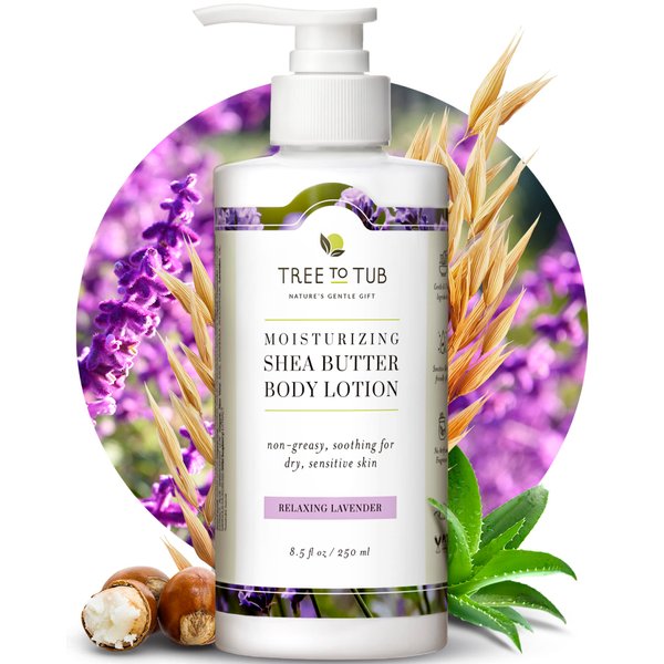Tree to Tub Lavender Shea Butter Body Lotion for Dry Skin - Moisturizing Sensitive Skin Lotion for Women & Men, Vegan Body Moisturizer w/Organic Aloe Vera, Cocoa Butter, All Natural Colloidal Oatmeal
