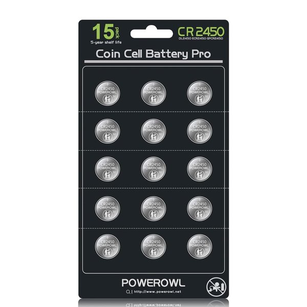 POWEROWL High Capacity CR2450 Battery (15-Pack) 3v Lithium Batteries, 10 Years Leak-Free, Long Lasting CR 2450
