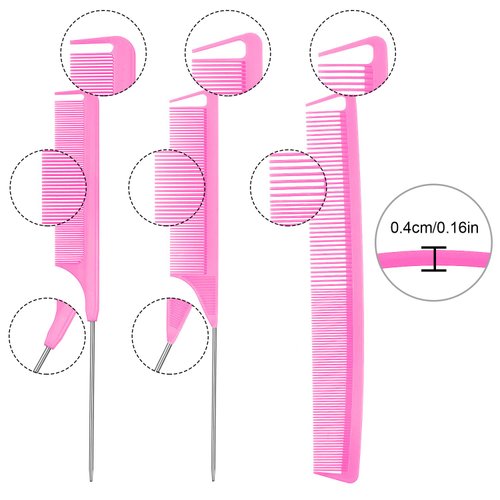 6 Pieces Parting Comb Rat Tail Hair Comb Cutting Comb Set Pintail Comb Carbon Fiber Teasing Comb Styling Comb with Stainless Steel Handle for Braids Salon Home Supplies (Pink)