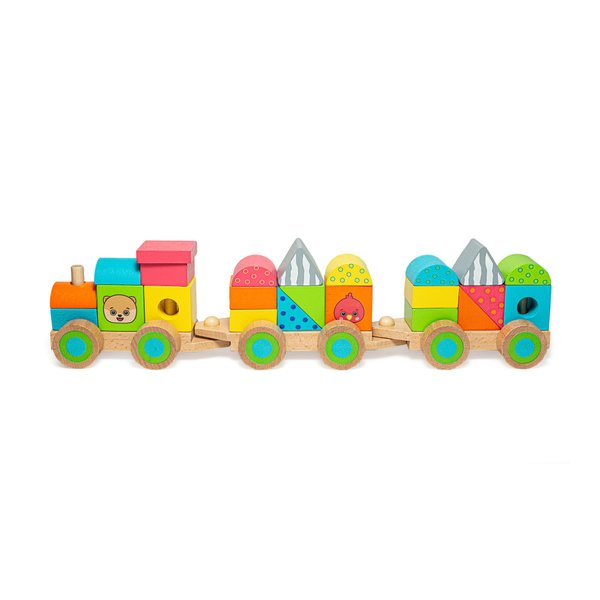 Bimi Boo 23-Piece Wooden Stacking Train Set for Toddlers - Push-Along Cargo Stacker Train Toy Set with Wooden Stacking Blocks (23 Shapes, 3 Train Cars)