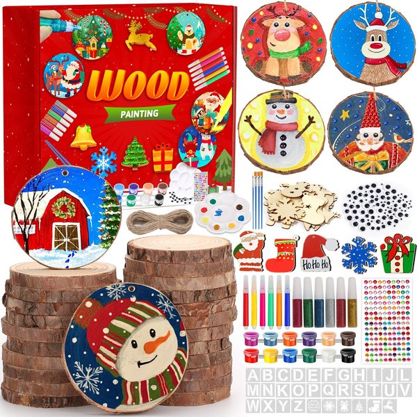 Qinzave Christmas Wooden Painting Arts and Crafts Kit for Kids Adult 195PCS Wood Slice Painting Christmas Crafts Kit for Kids Adults DIY Crafts Ornament Making Kit for Kids Ages 8 9 10 11 12