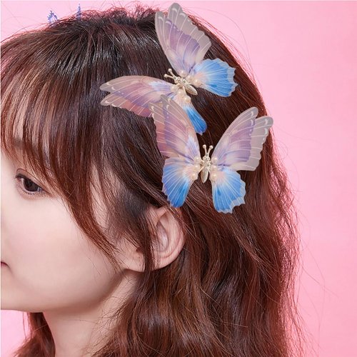 Butterfly Hair Clips Fine Glitter 3D Colorful Gradual Change Cute Spring Wing Butterfly Hairpin with Pearl Organza Barrettes Moving Hair Accessory for Girls Teens Women (Purple Blue)