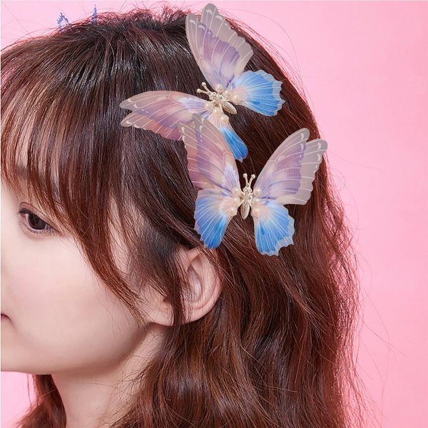 Butterfly Hair Clips Fine Glitter 3D Colorful Gradual Change Cute Spring Wing Butterfly Hairpin with Pearl Organza Barrettes Moving Hair Accessory for Girls Teens Women (Purple Blue)