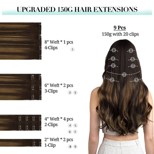 DOORES Clip in Hair Extensions Real Human Hair, Balayage Dark Brown to Chestnut Brown 24 Inch 9pcs 150g, Extensions Human Hair Clip in Remy Hair Extensions Natural Hair Extensions Thick Straight