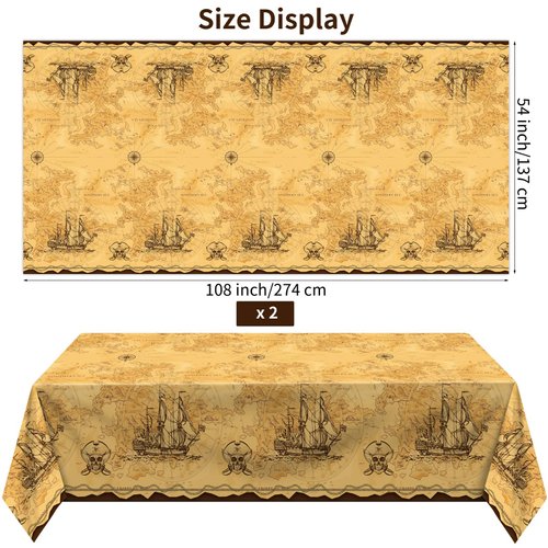 durony 2 Pack Pirate Party Tablecloth Plastic Treasure Map Tablecover Disposable Pirate Table Covers Pirate Nautical Party Supplies for Treasure Theme Birthday Party, Pirate Party Decorations