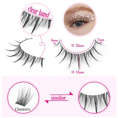 Manga Lashes Natural Look Individual Lash Clusters Anime False Eyelashes Wispy Spiky Kawaii Korean Makeup Clear Band 3D Short Faux Mink Manhua Eyelashes - Geeneiya 02A