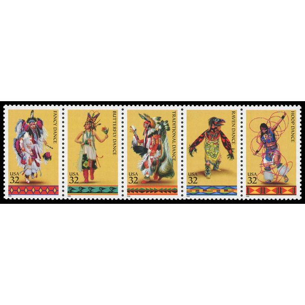 Native American Dances Strip of 5 Postage Stamps, Catalog No 3076a, Mint Never Hinged