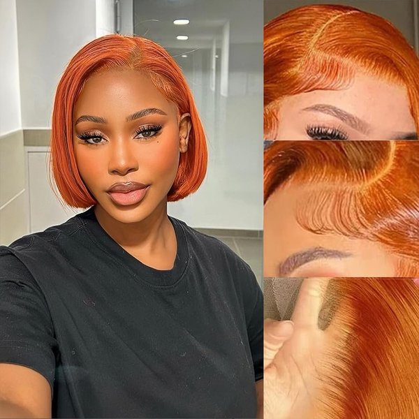 RQY Ginger Bob Lace Front Wigs Human Hair 8inch 13X4 Short Straight Lace Front Wigs 180% Density Colored Ginger Orange Bob Lace Front Human Hair Wigs Pre Plucked Natural Hairline With Baby Hair