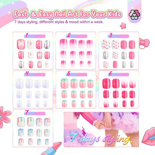Saviland 168Pcs 7 Pack Press on Nails for Kids Children Fake Nails Stick on Nails Pre-glue Full Cover Glitter Gradient Color Star Short Acrylic Nail Tips Nail Art Gifts for 8-12 Year Old Kids Girls
