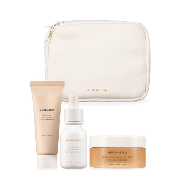 AROMATICA Glow Vita Trial Kit - Travel Skin Care Set for Sensitive Skin [Vitamin C Serum 0.5 fl.oz, Exfoliating Facial Scrub 0.5 fl.oz, Hydrating Goodnight Cream with Retinol 1oz] - Mini Travel Kit