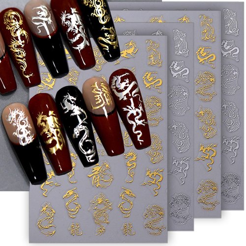 3D Gold Silver Dragon Nail Art Stickers for Nail Designs Bronzing Dragon Nail Stickers for Nail Art Metallic Dragon Nail Decals Dragon Stickers for Nails Chinese Dragons Nail Sticker Nail Supplies