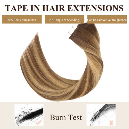 Loxxy Tape in Hair Extensions Human Hair Invisible Brazilian Natural Thick Remy Hair Ombre Chocalate Brown Fading into Chocolate Brown With Strawberry Blonde Highlight R#4-4/27 20pcs 50g/pack 18Inch