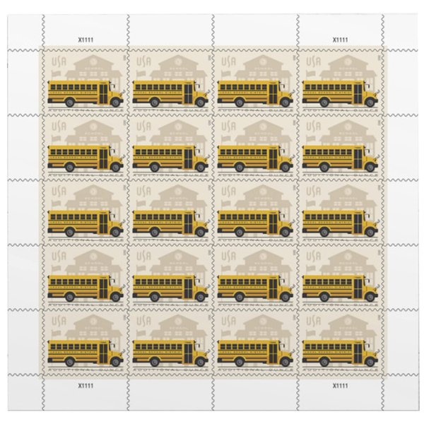 School Bus Additional Ounce USPS Postage Stamps 1 Sheet of 20 Students Children Teachers Celebration Party Announcement (20 Stamps)