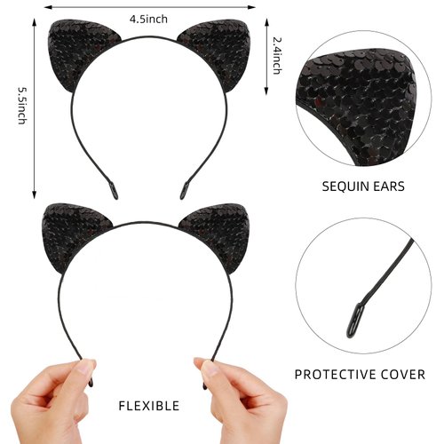 TEBIEKOY Black Cat Costume Accessories for Women and Girls Catwoman Costume Halloween Cosplay Party Sequin Cat Ears Headband and Choker Necklace for Women