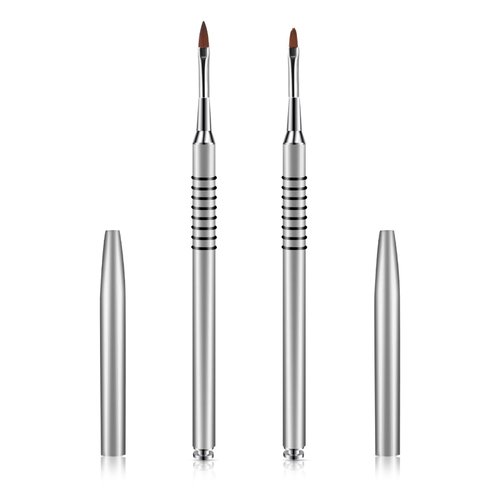 2 Pack 3D Nail Art Brush for Acrylic Powder, Kolinsky Acrylic Nail Brushes Set, Nail Lining Brush Nail Salon Painting Brush Pen with Non-Slip Handle, Silver Metal Nail Art Pen (Size #2#4)