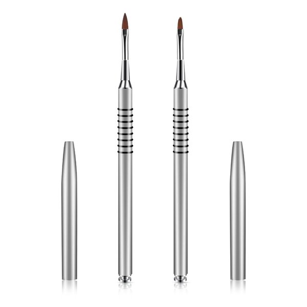2 Pack 3D Nail Art Brush for Acrylic Powder, Kolinsky Acrylic Nail Brushes Set, Nail Lining Brush Nail Salon Painting Brush Pen with Non-Slip Handle, Silver Metal Nail Art Pen (Size #2#4)