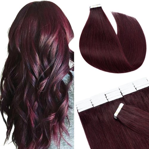 SEGO Tape in Hair Extensions Human Hair 16 Inch 50g 20pcs Natural Straight 100% Remy Rooted Seamless Skin Weft Invisible Double Sided Tape Hair for Women-Wine Red