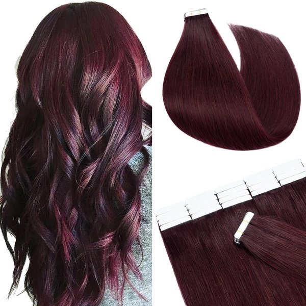 SEGO Tape in Hair Extensions Human Hair 16 Inch 50g 20pcs Natural Straight 100% Remy Rooted Seamless Skin Weft Invisible Double Sided Tape Hair for Women-Wine Red