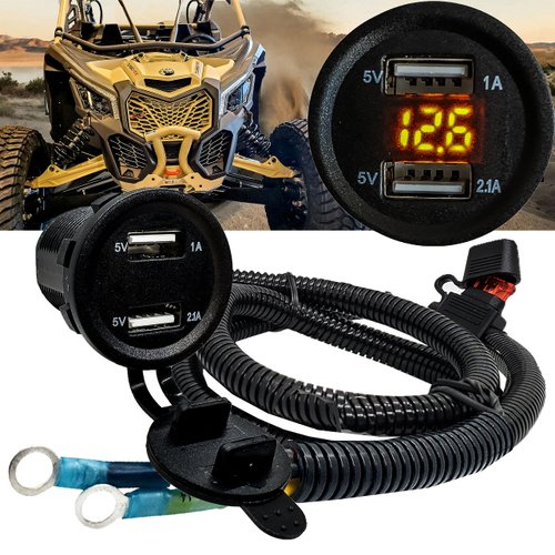 Round Voltage Meter Dual USB Port Amber LED with Power Bus Bar Distribution Block Wire Harness Compatible with Can-Am Maverick X3 RS Turbo Commander Defender