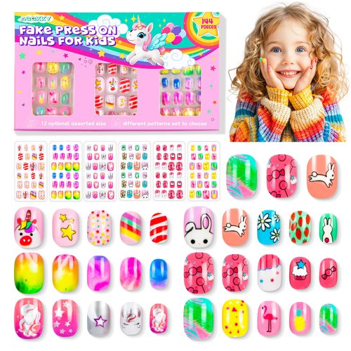 144 Pieces 6 Pack Kids Press on Nails Artificial Fake Nails for Kids Girls Pre Glue Full Cover Short Acrylic False Nail Tips Art Kits Gifts for Kids Girls Nail Art Decoration (Dreamy Pattern)