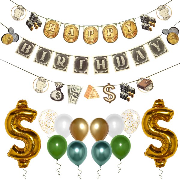 Pirese Money Happy Birthday Banner, Money Birthday Decorations, Money Party Decorations