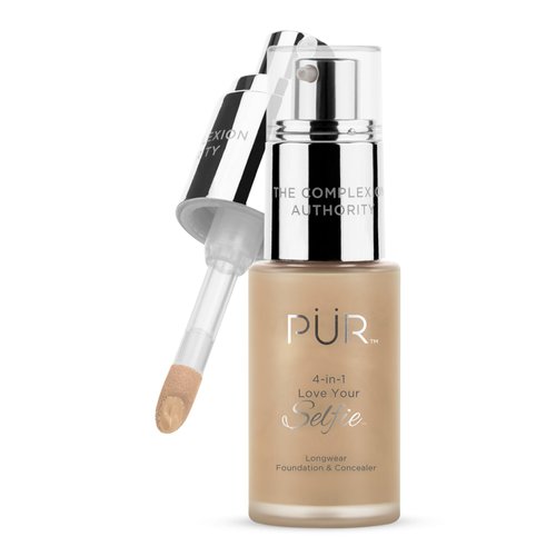 PÜR MINERALS 4-in-1 Love Your Selfie Longwear Foundation & Concealer, Full Coverage Liquid Foundation, Hydrating Formula, Cruelty Free