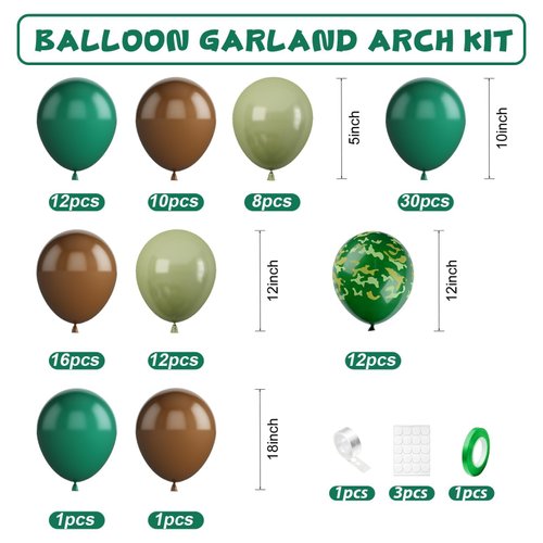 Dinosaur Balloon Arch Kit, Sage Dark Green Avocado Green Brown Latex Balloons with Camouflage Balloons for Kids Boys Dinosaur Park Theme Birthday Hunting Camo Jungle Safari Baby Shower Decorations