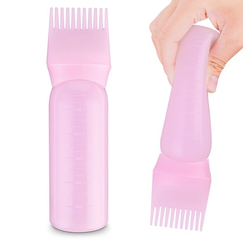 COMNICO Root Comb Applicator Bottle, 6 Ounce Plastic Squeeze Hair Dye Oil Applying Applicator Brush Cap with Graduated Scale, Portable Hair Color Dispenser (Pink)