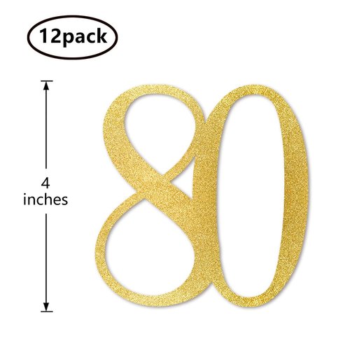 Gold Glitter 80th Birthday Centerpiece Sticks, 12-Pack Number 80 Table Topper Anniversary Party Decorations