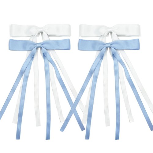Hair Clips for Women Tassel Ribbon Bowknot With Long Tail, Clip Girl, Solid Accessories Barrettes Claw Bow (White,Azure)