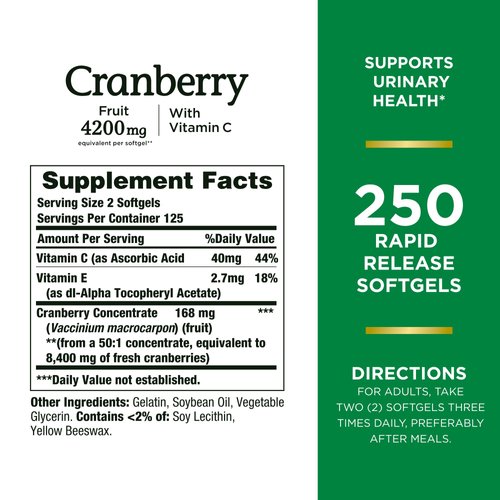 Nature's Bounty Cranberry 4200mg With Vitamin C, Urinary Health & Immune Support, Cranberry Concentrate, 250 Rapid Release Softgels