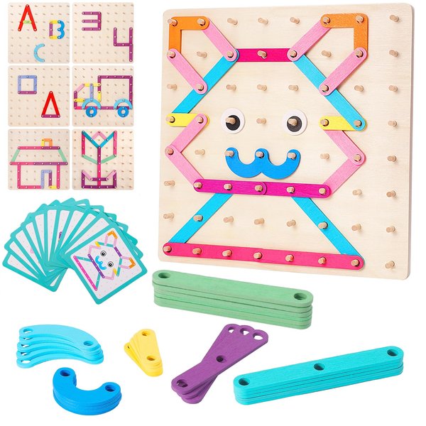 Wooden Montessori Toy for Toddlers, Letter Number Construction Set Pegboard Puzzle Stacking Blocks, Preschool Learning ABC Shape Educational Toys for Kids Boys Girls