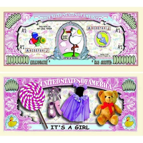 5 It's A Girl Million Dollar Baby Bills with Bonus “Thanks a Million” Gift Card Set