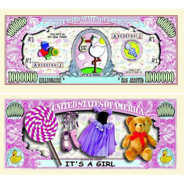 5 It's A Girl Million Dollar Baby Bills with Bonus “Thanks a Million” Gift Card Set