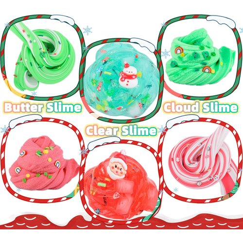 6 Pack Christmas Slime Kit, with 2 Butter Slime and 2 Cloud Slime and 2 Jelly Cube Crunchy Slime, Soft & Stretchy, Birthday Gifts for Kids, Christmas Party Favors for Girls and Boys