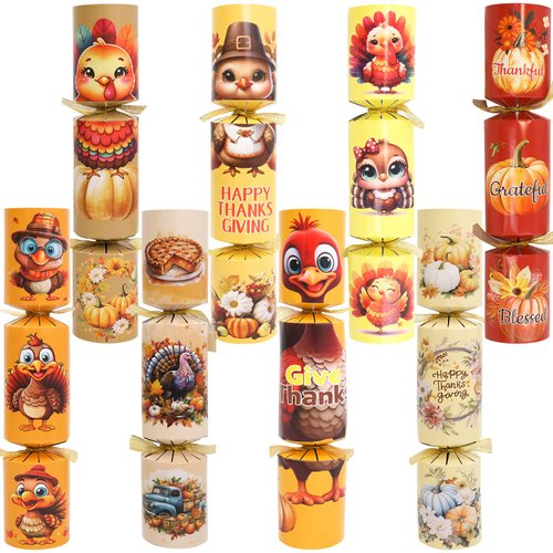 8pc Thanksgiving Crackers Poppers Party Table Favors Games for Family Kids No Snap No Popping with Party Hats Joke & Gift Inside Fall Thanksgiving Kids Activities Elegant