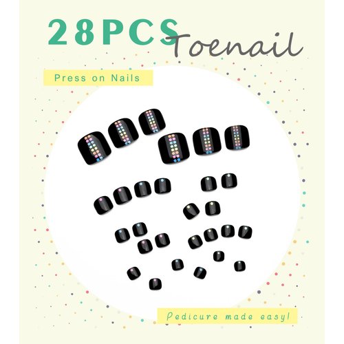 Aegenacess 28pcs Toenail Press on Summer Fake Toe Nails Press ons False Nail Tips Beach Short Pedicure Kit for Women (Black Mixed Dots)