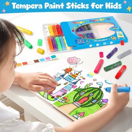 Jumlys 24 Colors Tempera Paint Sticks, Washable Paint Sticks for Kids and Toddlers, Ideal Art and Craft Supplies for Painting and Coloring, Suitable for Paper, Canvas and Stone