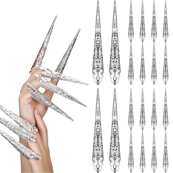 Leelosp 20 Packs halloween Finger Nail Claw Rings Ancient Queen Fingernail Claw Metal Finger Knuckle Claw for Halloween Women Cosplay Costume Drama Dance Show (Silver)