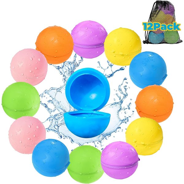 Water Balloons Reusable Quick Fill, 12PCS Water Balls, Self-sealing Outdoor Water Toys for Kids Ages 3-12, Mess-free Durable Splash Water Bombs Summer Fun Water Pool Activities Toys Games