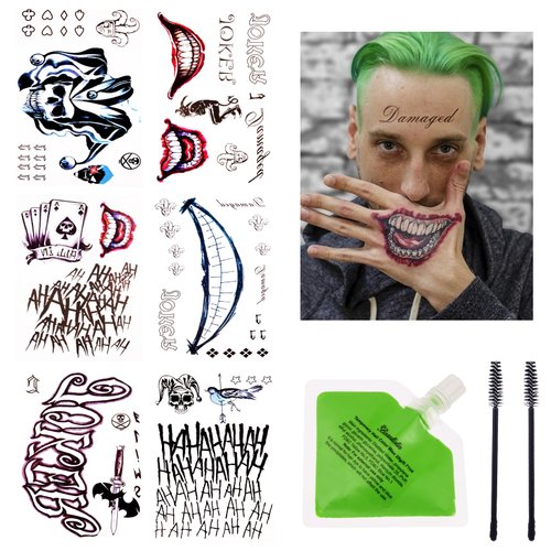 Joker Tattoos Temporary and Hair Wax - Halloween Joker Tattoos 6 Sheets and 20g Green Hair Wax Temporary, Fake Tattoos for Joker, Joker Accessories Perfect for Cosplay, 2 Eyebrow Brushes