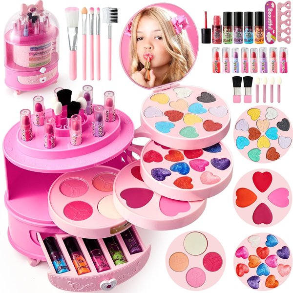 Golray Kids Makeup Kit for Girls Toys, Washable Real Makeup Toy Set for Princess Dress Up with Multilayer Design & Mirror, Christmas Birthday Gifts for Girls Toddlers Aged 3 4 5 6 7 8 Years Old