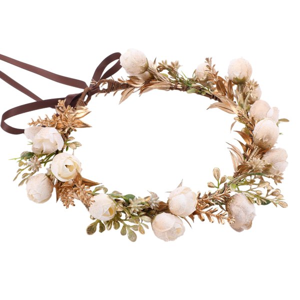 KorViSHOW Golden Leaf Flower Crown - Fairy Floral Headpiece White Rose Flower Headband Renaissance Hair Accessories for Women Girls Wedding Vacation Party Festival